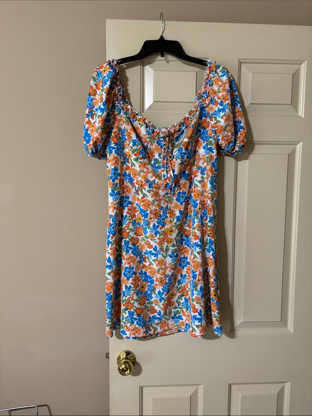 SHEIN Blue & Orange Floral Puff-Sleeve Mini Dress